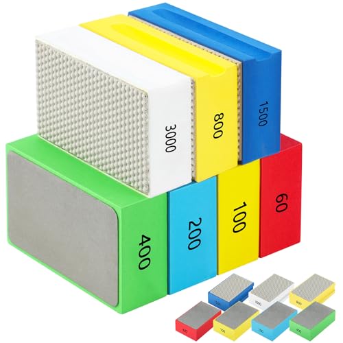 Dimsile 7 Pcs Diamond Hand Polishing Pads 60/100/200/400/800/1500/3000 Grit Diamond Sanding Pads Wet and Dry Sanding Block with Sponge Backing for Glass Tile Stone Concrete Granite Marble Ceramics - Image 1