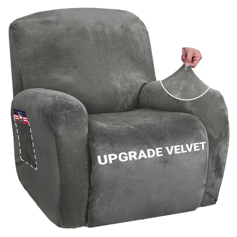 ZNSAYOTX Stretch Velvet Recliner Cover 4-Pieces, Thick Soft Recliner Chair Slipcover with Pocket, Non-Slip Elastic Bottom for Kids Pets, Luxury Plush Reclining Protector Comfy Washable (Grey) - Image 1