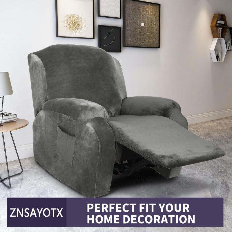 ZNSAYOTX Stretch Velvet Recliner Cover 4-Pieces, Thick Soft Recliner Chair Slipcover with Pocket, Non-Slip Elastic Bottom for Kids Pets, Luxury Plush Reclining Protector Comfy Washable (Grey) - Image 2