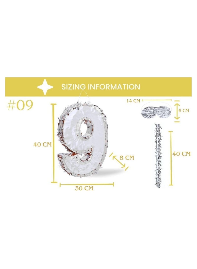 Goldedge 42x30x8cm Number Piñata Birthday Piñata Decorations Silver Foil Piñata with Stick Blindfold Confetti for Boy Girl Birthday Party Decorations Anniversary Celebrations Fiesta Supplies(Number 9) - Image 3