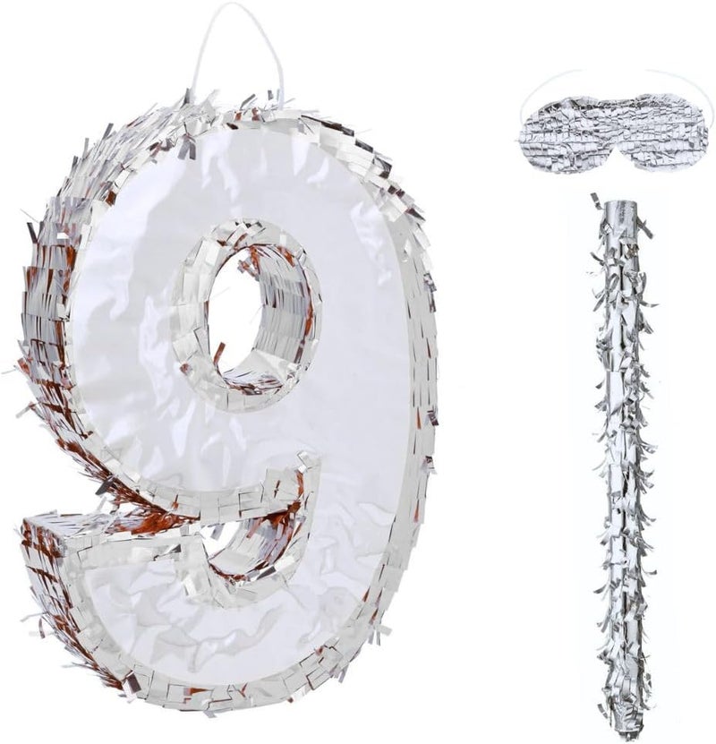 Goldedge 42x30x8cm Number Piñata Birthday Piñata Decorations Silver Foil Piñata with Stick Blindfold Confetti for Boy Girl Birthday Party Decorations Anniversary Celebrations Fiesta Supplies(Number 9) - Image 2