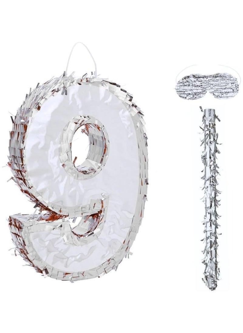 Goldedge 42x30x8cm Number Piñata Birthday Piñata Decorations Silver Foil Piñata with Stick Blindfold Confetti for Boy Girl Birthday Party Decorations Anniversary Celebrations Fiesta Supplies(Number 9) - Image 1
