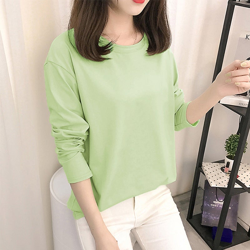 2024 Solid Color Long Sleeve Tee Women 8001# Green  - Image 1