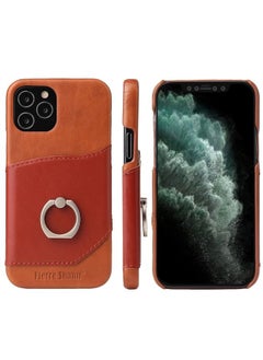 Case Cover For iPhone 12 mini Fierre Shann Oil Wax Texture Genuine Leather Back Cover Case with 360 Degree Rotation Holder & Card Slot Light Brown+Dark Brown