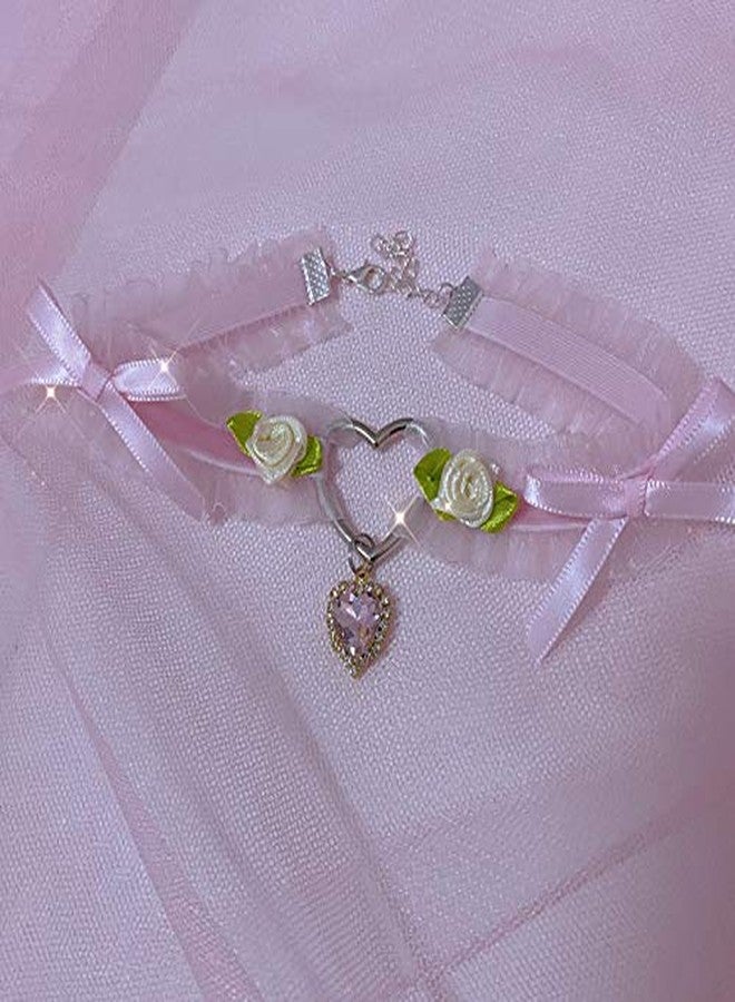 قلادة بينغيونغ تشانغ المصنوعة يدويًا من الدانتيل قابلة للتعديل مع قلادة من الكريستال على شكل قلب وزهور، قلادة قوطية لطيفة وجميلة للنساء، مجوهرات قابلة للفصل لحفلات التنكر - وردي - Image 5