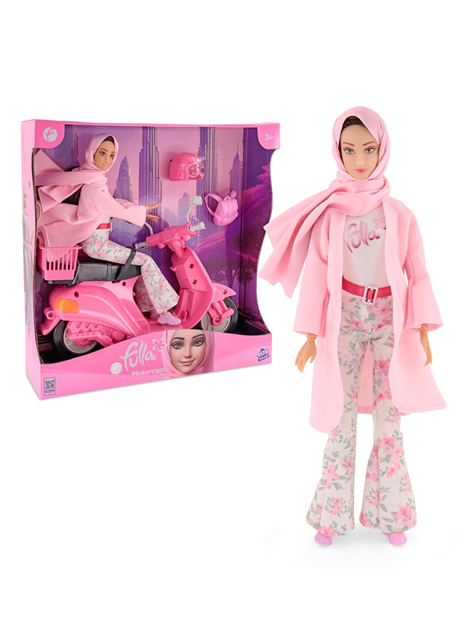 Fulla Doll With Pink Motorbike Includes Floral Pants, Jacket, Helmet And Headscarf & Fashionable Outfit With Ride-On Fun – Perfect For Role Play Adventure And Gift Giving For Kids, Perfect For Eid Gifting  - Image 1