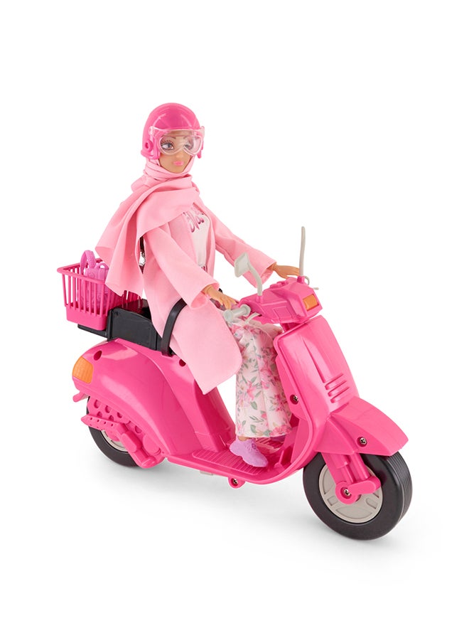 Fulla Doll With Pink Motorbike Includes Floral Pants, Jacket, Helmet And Headscarf & Fashionable Outfit With Ride-On Fun – Perfect For Role Play Adventure And Gift Giving For Kids, Perfect For Eid Gifting  - Image 5