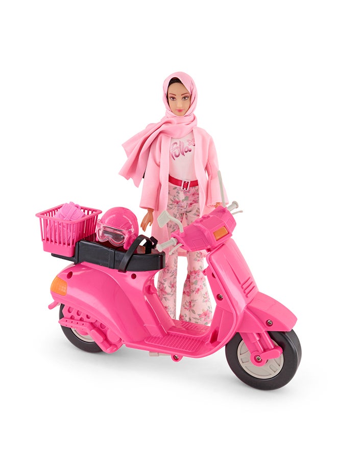 Fulla Doll With Pink Motorbike Includes Floral Pants, Jacket, Helmet And Headscarf & Fashionable Outfit With Ride-On Fun – Perfect For Role Play Adventure And Gift Giving For Kids, Perfect For Eid Gifting  - Image 4