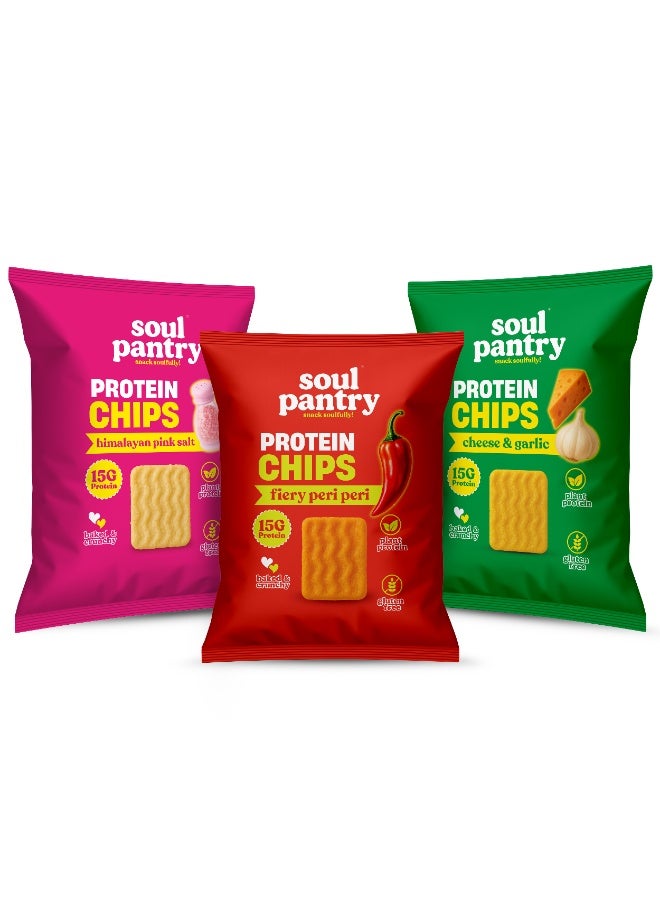 مخزن الروح باقة سول بانترى "رقائق لا تكذب" – رقائق عالية البروتين مع قوام مقرمش مليء بالبروتين، وجبة خفيفة نباتية منخفضة السعرات الحرارية، ملح الهيمالايا الوردي، بيري بيري، جبن وثوم (باقة متنوعة 3 نكهات) - Image 1