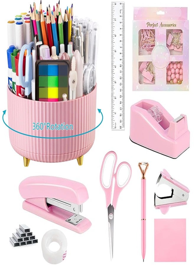 suniya Office Supplies,Desk Accessories,with Stapler,Tape Dispenser,Staple Remover,Scissor,Ballpoint Pen,Sticky Notes,Clear Tape,Staples,Desk Organizer,Ruler,Binder,Best Gift Set(Pink) - Image 1