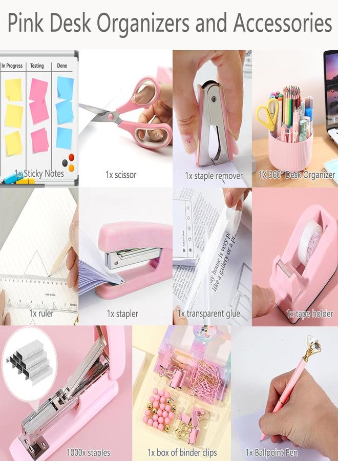 suniya Office Supplies,Desk Accessories,with Stapler,Tape Dispenser,Staple Remover,Scissor,Ballpoint Pen,Sticky Notes,Clear Tape,Staples,Desk Organizer,Ruler,Binder,Best Gift Set(Pink) - Image 5