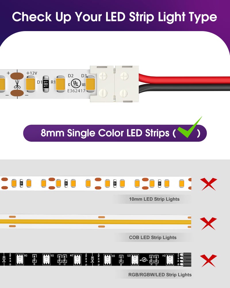 HitLights LED Light Strip Connector, 8mm Single Color 3528 - 6 Inch Any Angle Strip to Strip, 12 Pack - Image 5
