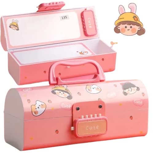 Rahasya Enterprise Kids Pen & Pencil Box-Suitcase Style Password Lock Pencil Case,Multi-Layer Pencil Box for Kids, Boys, Girls, Stationary Organizer Case for Kids (Cute-Pink) - Image 1