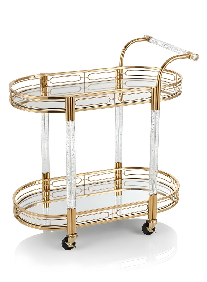 Life Smile Luxury Gold 2-Tier Oval Serving Trolley with Mirror Glass Shelves, Rolling Bar Cart with Crystal Handle, Multi-Purpose Storage Trolley (77x50x94 cm) - Image 1