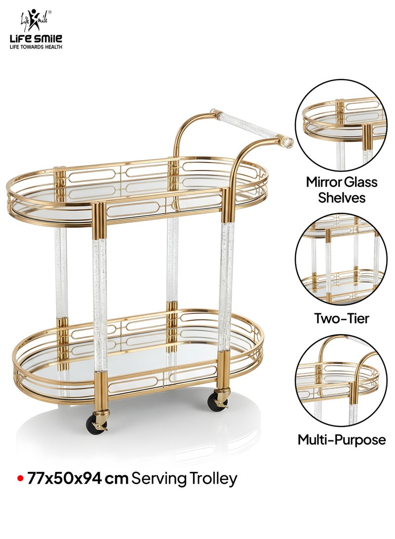 Life Smile Luxury Gold 2-Tier Oval Serving Trolley with Mirror Glass Shelves, Rolling Bar Cart with Crystal Handle, Multi-Purpose Storage Trolley (77x50x94 cm) - Image 2
