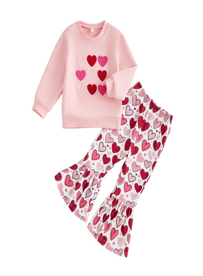 Owl's-Yard Baby Girl Valentines Outfits Love Heart Crew Neck Long Sleeve Sweatshirt and Flared Pants 2 Pcs Set (A-Pink, 18-24 Months) - Image 1