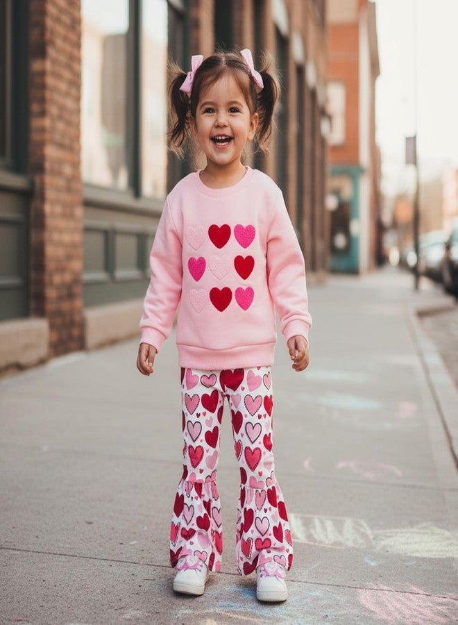 Owl's-Yard Baby Girl Valentines Outfits Love Heart Crew Neck Long Sleeve Sweatshirt and Flared Pants 2 Pcs Set (A-Pink, 18-24 Months) - Image 3