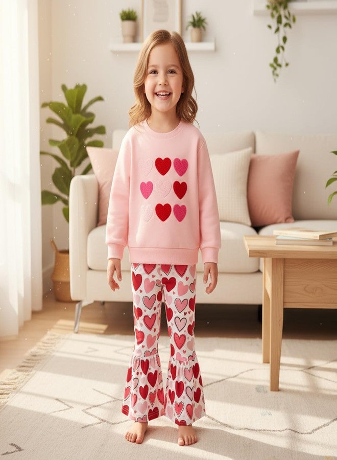 Owl's-Yard Baby Girl Valentines Outfits Love Heart Crew Neck Long Sleeve Sweatshirt and Flared Pants 2 Pcs Set (A-Pink, 18-24 Months) - Image 4