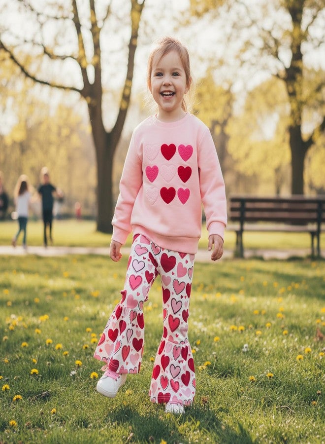Owl's-Yard Baby Girl Valentines Outfits Love Heart Crew Neck Long Sleeve Sweatshirt and Flared Pants 2 Pcs Set (A-Pink, 18-24 Months) - Image 2