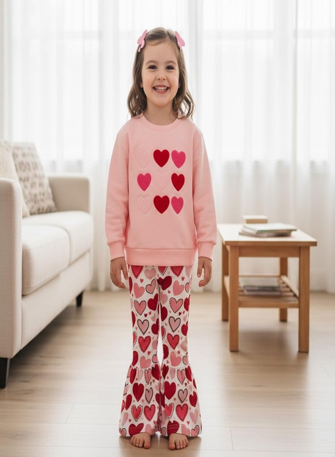 Owl's-Yard Baby Girl Valentines Outfits Love Heart Crew Neck Long Sleeve Sweatshirt and Flared Pants 2 Pcs Set (A-Pink, 18-24 Months) - Image 5