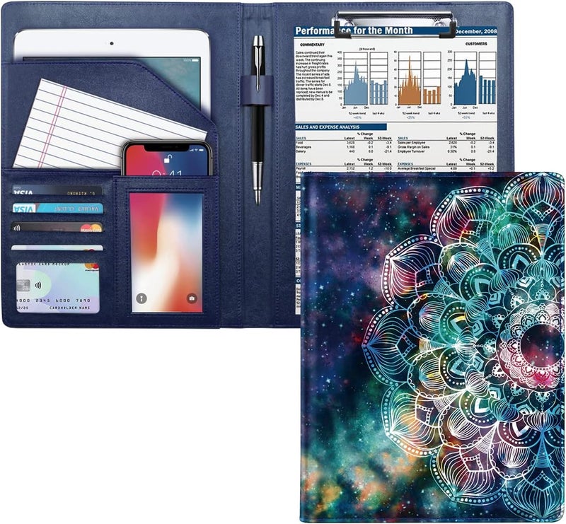 WAVEYU Business Portfolio Folder for Men Women, Padfolio Cover, Conference/Resume/Legal Document Organizer with Letter/A4 Size Clipboard Hardboard, Business Card Holders, Document Sleeve, Mandala - Image 1