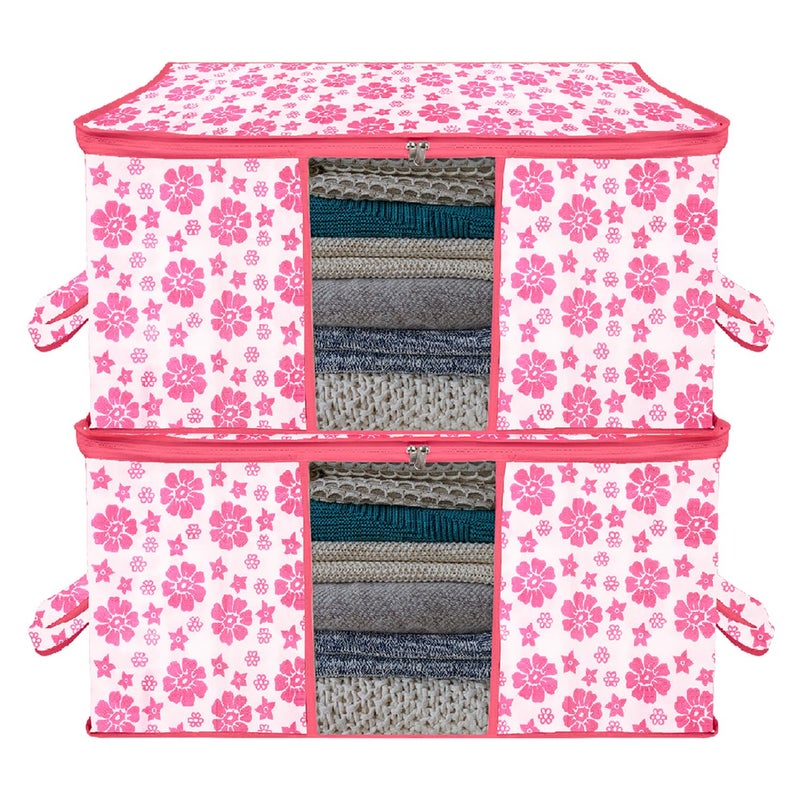 Kuber Industries Underbed Storage BagNonWoven Floral Print Blanket CoverRazai CoverDuvet Cover Transparent Window HandleLargePack of 2 Pink - Image 1
