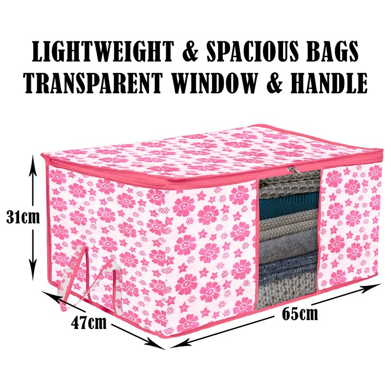 Kuber Industries Underbed Storage BagNonWoven Floral Print Blanket CoverRazai CoverDuvet Cover Transparent Window HandleLargePack of 2 Pink - Image 3