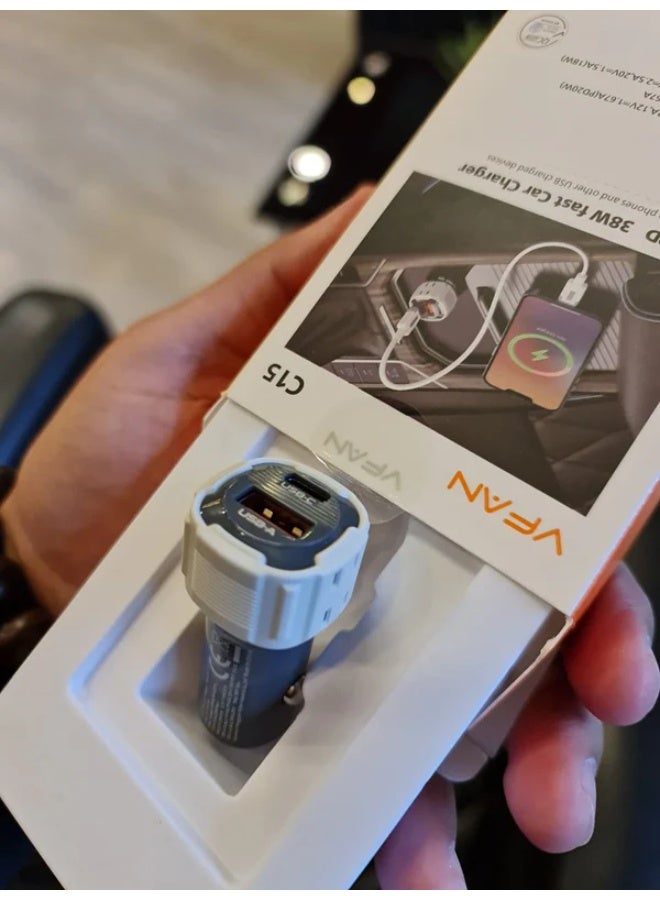 VFAN C15 Super Fast 38W PD Car Charger, Dual Port USB-C and USB-A Car Adapter with Power Delivery, Compact Fast Charging Charger Compatible with iPhone, Samsung, iPad, and More - Image 4