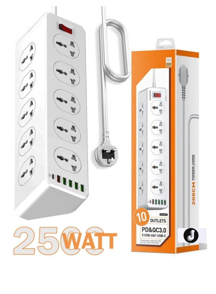 JAJEEK 2500W 10-Way Outlet Power Strip with 30W QC 3.0 PD USB-C and 5 USB-A Ports – 2 Meter Extension Cord, Surge Protection for Home & Office Use  - Image 1