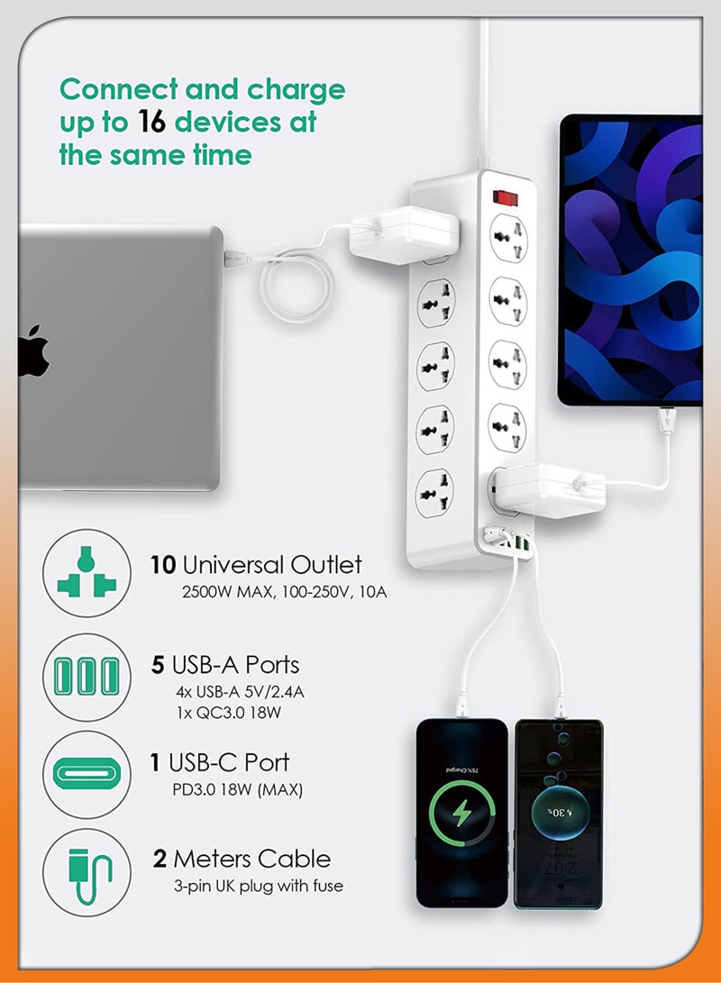 JAJEEK 2500W 10-Way Outlet Power Strip with 30W QC 3.0 PD USB-C and 5 USB-A Ports – 2 Meter Extension Cord, Surge Protection for Home & Office Use  - Image 5