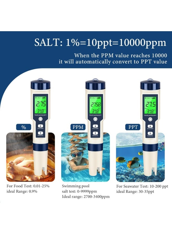 X-level 5 in 1 PH Meter,PH/TDS/EC/Salinity/Temp Meter for Water, High Accuracy Water Testing Kits for Drinking Water, Pools, Fish Tank, and Hydroponics,with 3 PH Buffer Powders - Image 2