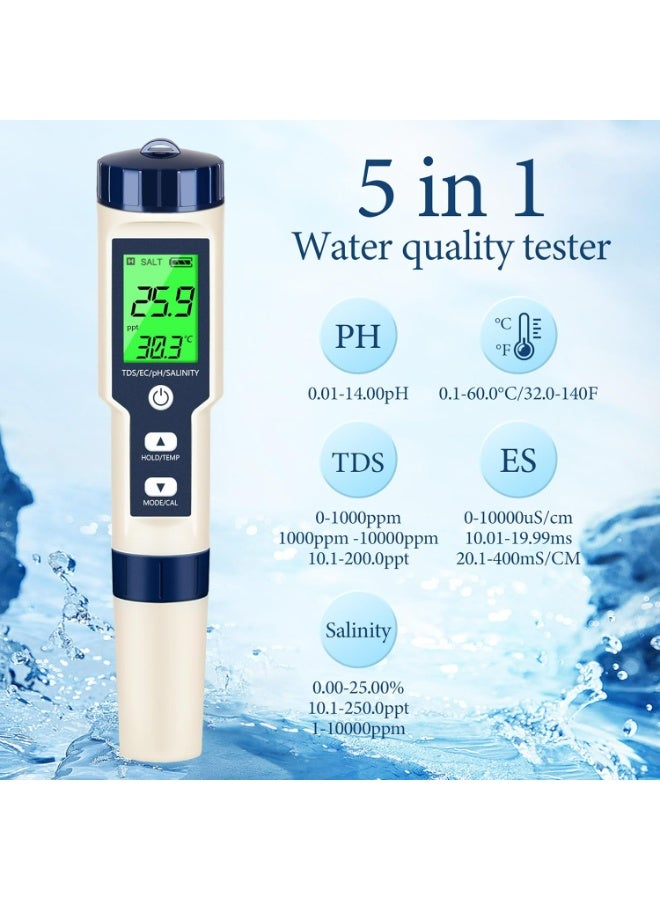 X-level 5 in 1 PH Meter,PH/TDS/EC/Salinity/Temp Meter for Water, High Accuracy Water Testing Kits for Drinking Water, Pools, Fish Tank, and Hydroponics,with 3 PH Buffer Powders - Image 3