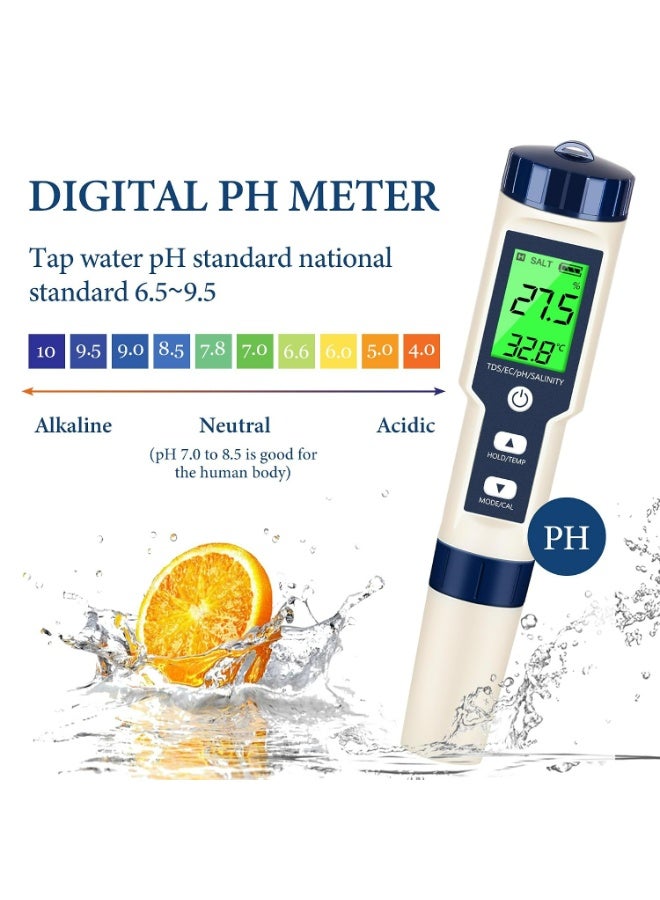 X-level 5 in 1 PH Meter,PH/TDS/EC/Salinity/Temp Meter for Water, High Accuracy Water Testing Kits for Drinking Water, Pools, Fish Tank, and Hydroponics,with 3 PH Buffer Powders - Image 4