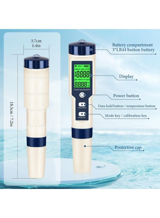 X-level 5 in 1 PH Meter,PH/TDS/EC/Salinity/Temp Meter for Water, High Accuracy Water Testing Kits for Drinking Water, Pools, Fish Tank, and Hydroponics,with 3 PH Buffer Powders - Image 5