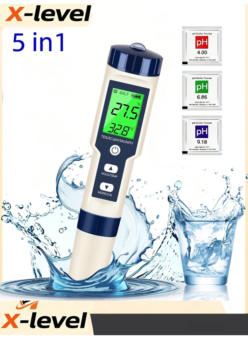X-level 5 in 1 PH Meter,PH/TDS/EC/Salinity/Temp Meter for Water, High Accuracy Water Testing Kits for Drinking Water, Pools, Fish Tank, and Hydroponics,with 3 PH Buffer Powders - Image 1
