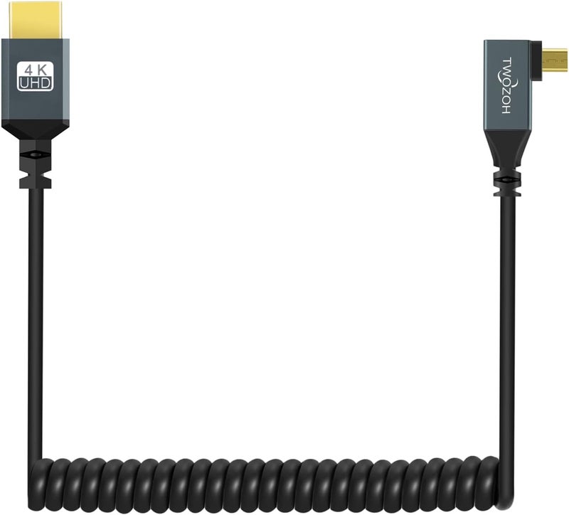 Twozoh Left Angled Coiled Micro HDMI to HDMI Cable, Micro HDMI to HDMI Coiled Cable 90°degree Stretched Length 30cm to 150cm - Supports 3D/4K 1080p - Image 3