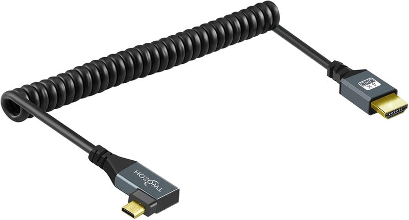 Twozoh Left Angled Coiled Micro HDMI to HDMI Cable, Micro HDMI to HDMI Coiled Cable 90°degree Stretched Length 30cm to 150cm - Supports 3D/4K 1080p - Image 1