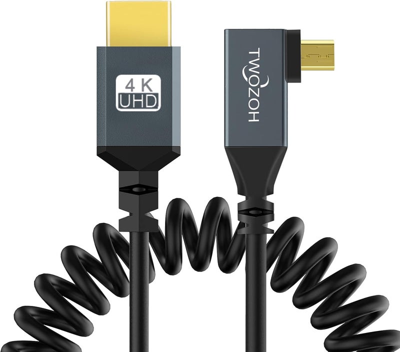 Twozoh Left Angled Coiled Micro HDMI to HDMI Cable, Micro HDMI to HDMI Coiled Cable 90°degree Stretched Length 30cm to 150cm - Supports 3D/4K 1080p - Image 2
