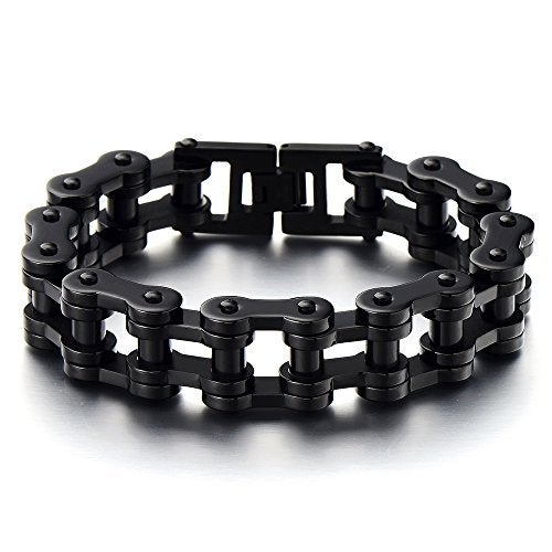 COOLSTEELANDBEYOND Masculine Mens Black Bike Chain Bracelet of Stainless Steel High Polished - Image 1