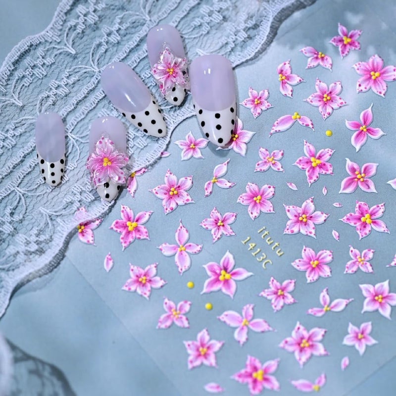 Sevgob Flower Nail Stickers 5D Embossed Pink Floral Nail Decals Daisy Nail Designs Cute Five Petal Nails Supplies Self Adhesive Tropical Summer Polka Dot Decals Stickers for Women DIY Manicure 1Sheet - Image 3