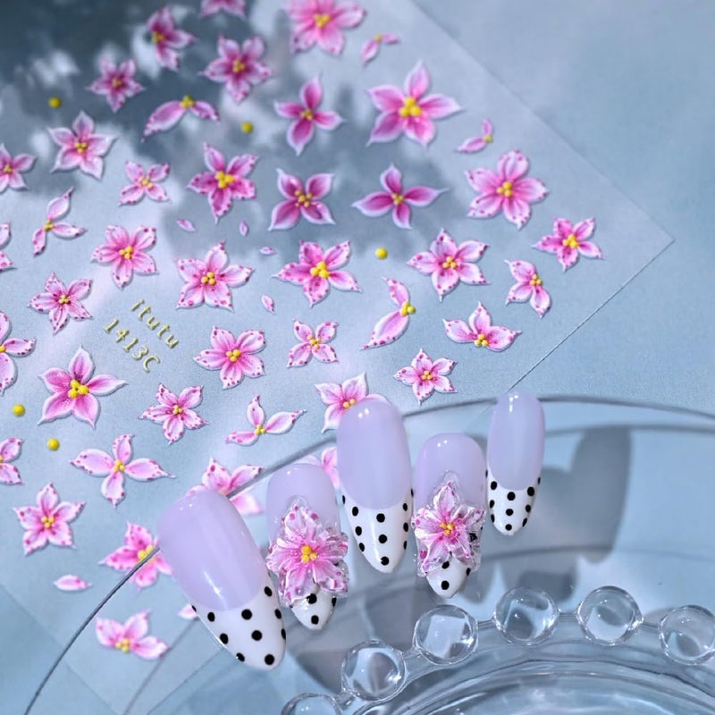 Sevgob Flower Nail Stickers 5D Embossed Pink Floral Nail Decals Daisy Nail Designs Cute Five Petal Nails Supplies Self Adhesive Tropical Summer Polka Dot Decals Stickers for Women DIY Manicure 1Sheet - Image 2