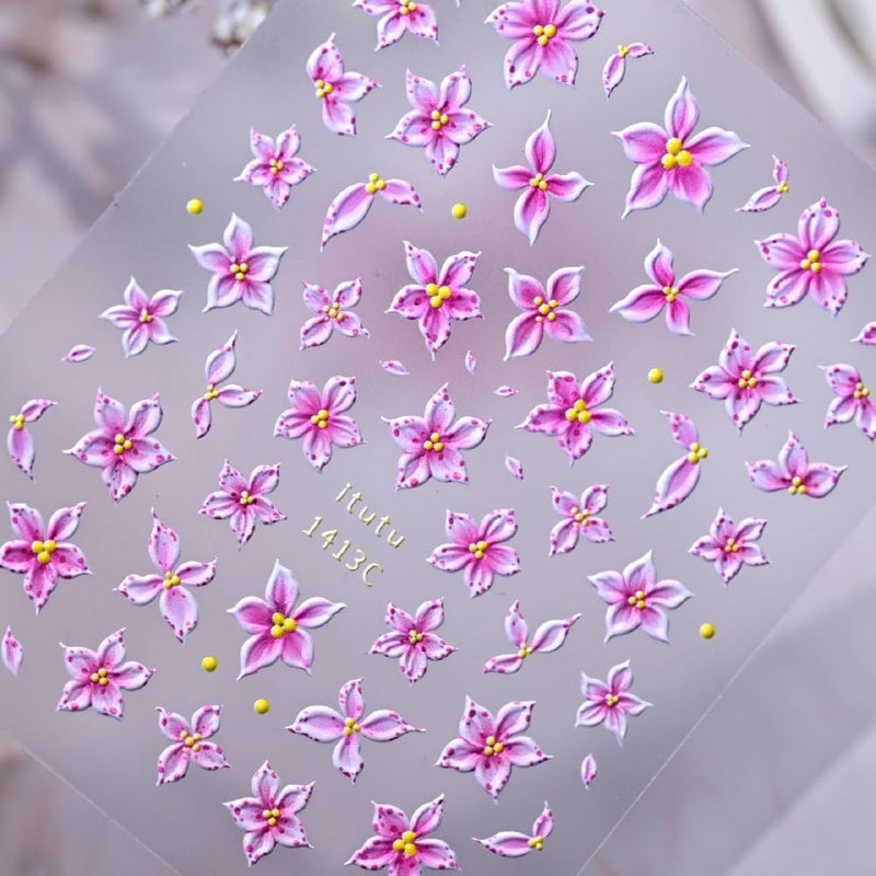Sevgob Flower Nail Stickers 5D Embossed Pink Floral Nail Decals Daisy Nail Designs Cute Five Petal Nails Supplies Self Adhesive Tropical Summer Polka Dot Decals Stickers for Women DIY Manicure 1Sheet - Image 4