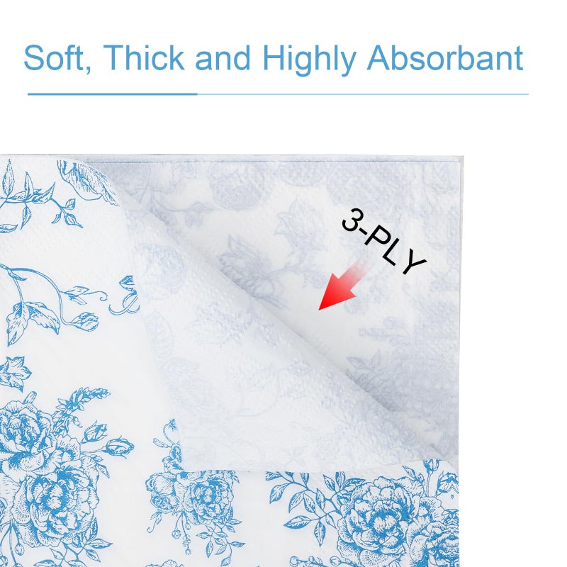 YOCHANDA 100 Pack Blue Floral Cocktail Napkins, Guest Hand Towels Disposable for Bathroom, Blue Floral Paper Napkins for Bridal and Baby Shower, Tea Party, Garden Party, Birthday Party - Image 3