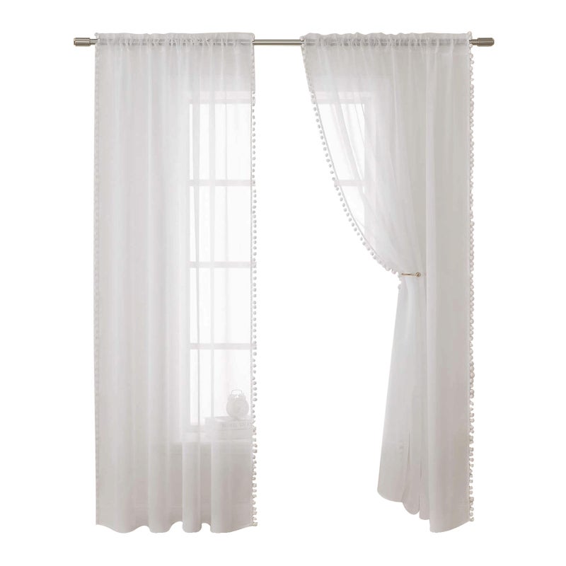 White Window Screen 132cm X 270cm Premium Linen Look Transparent Fabric 2 Panels - Rod-Top Pocket Filter Curtain for Bedroom Living Room - Image 1