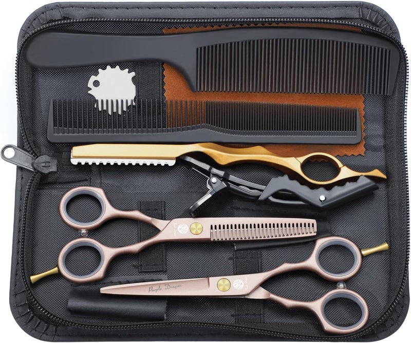 Purple Dragon 5.5 inch Hair Cutting Scissors Set with Razor, Leather Scissors Case, Barber Hair Cutting Shears Hair Thinning/Texturizing Shears for Professional Hairdresser or Home Use (Rose Gold) - Image 1