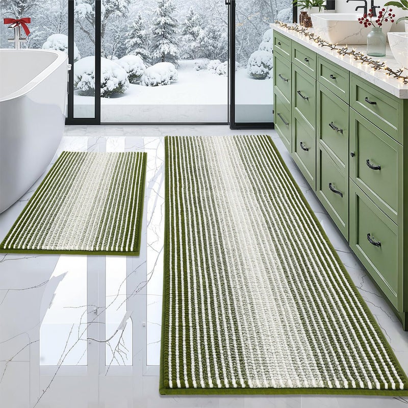 BSICPRO Bathroom Rugs and Mats Sets 2 Piece Thick Absorbent Chenille Bath Mat Rug Set Non Slip Soft Shaggy Bath Room Floor Mats for Bathroom Machine Washable Sage 24 x 70 Plus 20 x 32