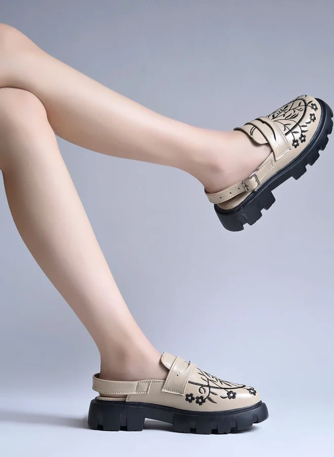 Shoetopia Stylish Beige Printed Mules for Women