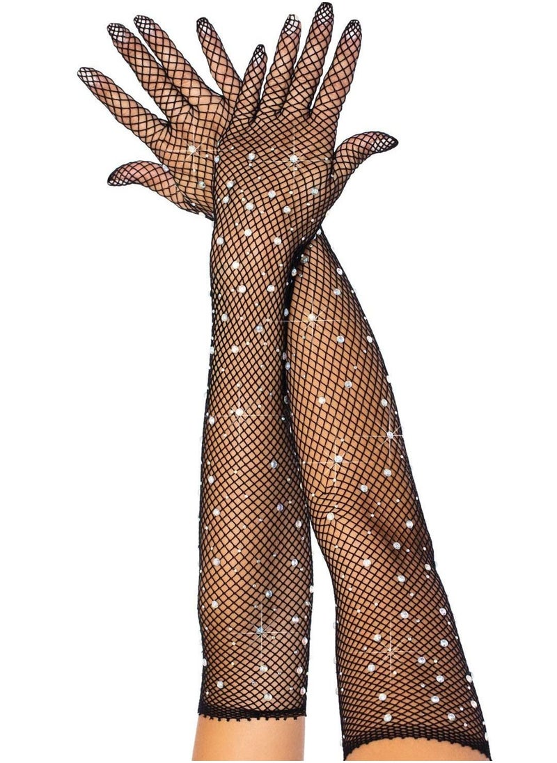 Y&D - Black Fishnet Long Gloves, Women Girls 1920s Retro Five Finger Arm Sleeves with Rhinestone Clothing Accessory for Prom Party - Image 1