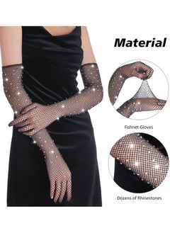 Y&D Black Fishnet Long Gloves, Women Girls 1920s Retro Five Finger Arm Sleeves with Rhinestone Clothing Accessory for Prom Party  - Image 4