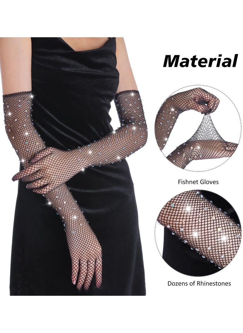 Y&D - Black Fishnet Long Gloves, Women Girls 1920s Retro Five Finger Arm Sleeves with Rhinestone Clothing Accessory for Prom Party - Image 1
